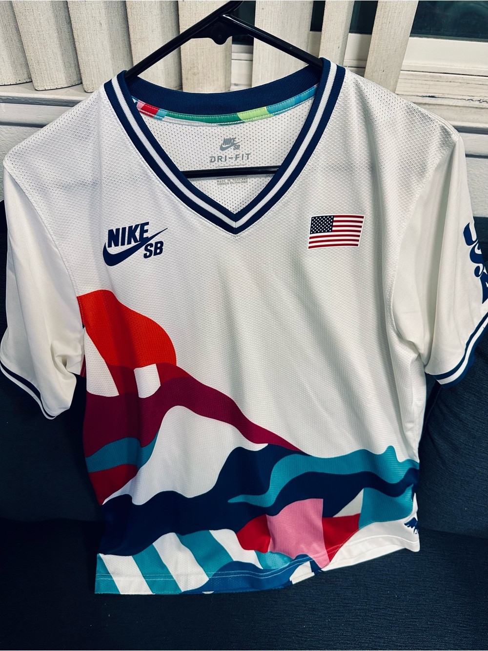 Authentic Olympic Nike SB White Dri-FIT Graphic Jersey Multi-Color Wave Accents